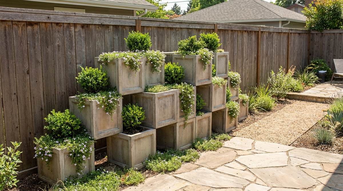 Cube-shaped containers with flanged edges that stack and interlock without additional hardware, used to create asymmetric patterns or pyramid formations in garden wall decor. Each module holds 2-3 gallons of growing medium suitable for perennial ground covers or compact shrubs like dwarf boxwood.