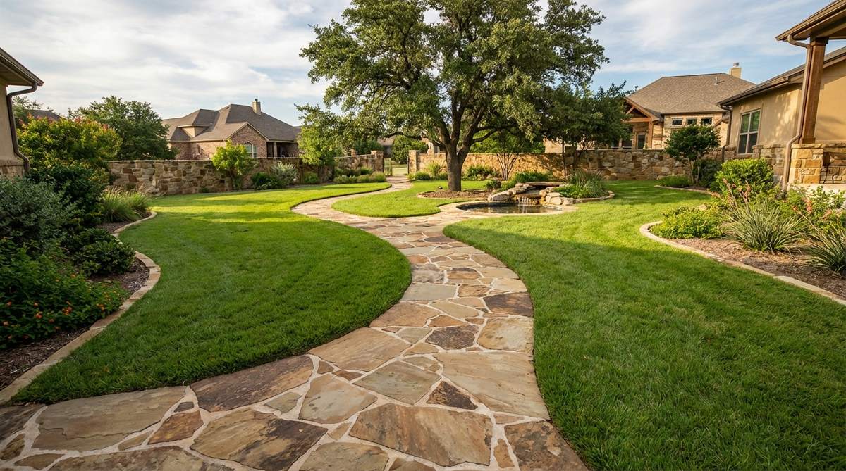 A natural flagstone path with irregular shapes and sizes, meandering through a lawn to guide visitors towards garden focal points like trees or water features.
