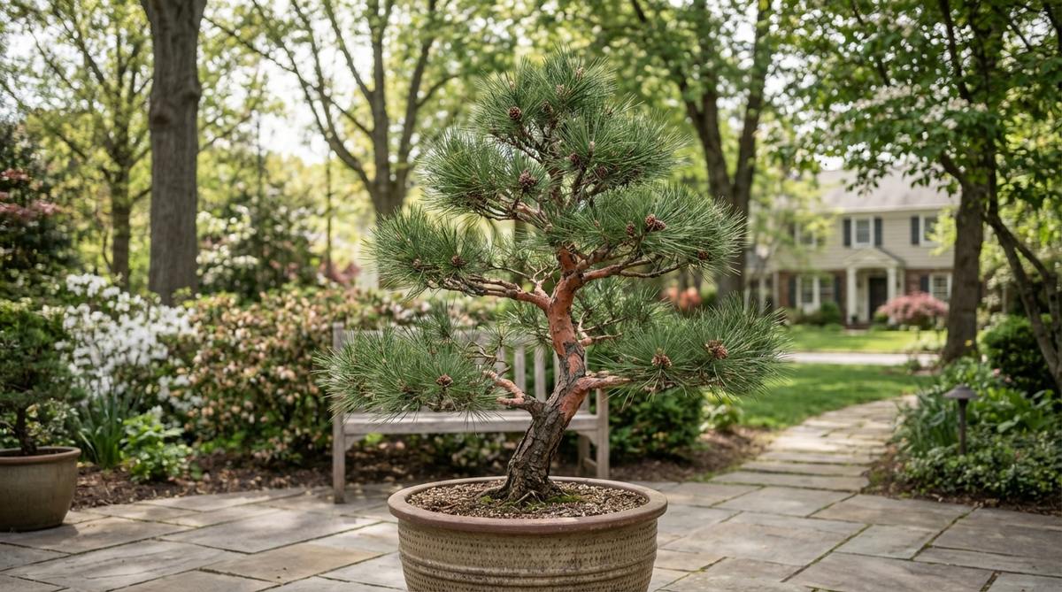 A Japanese Red Pine bonsai showcasing its airy foliage and artistic growth patterns, with reddish bark revealing salmon-colored undertones. This traditional bonsai specimen demonstrates careful fertilization and decandling techniques for optimal density and ramification, styled in an informal upright or literati form where grace outweighs power.