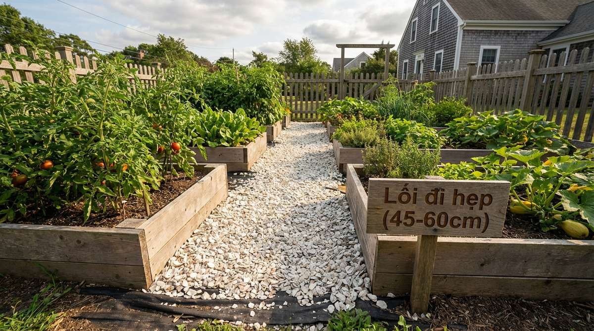 A narrow gravel path between raised vegetable beds in a kitchen garden, featuring crushed oyster shell or pea gravel over landscape fabric for weed suppression and quick drainage, with recommendations for 18 to 24-inch width for easy access to tending and harvesting.