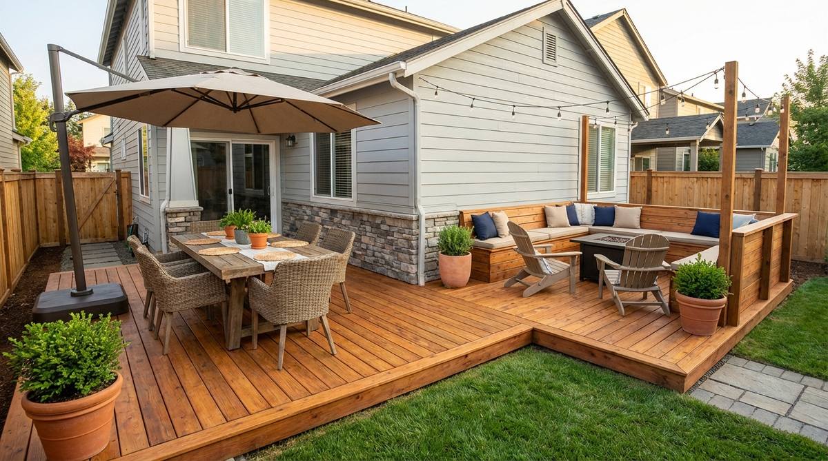 An overhead diagram showing an L-shaped deck design wrapping around two perpendicular walls of a small garden. The longer section features a dining area with table and chairs, while the shorter leg contains built-in benches and low seating for lounging. Consistent decking materials create visual continuity between the two functional zones.
