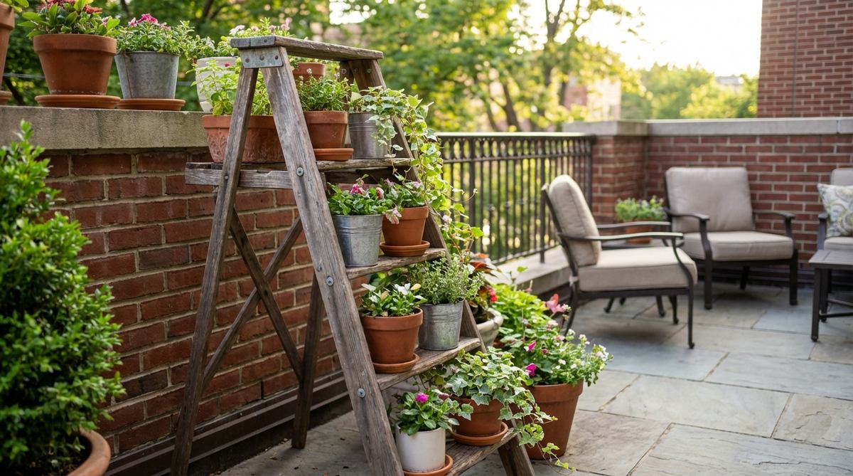 A wooden or metal ladder leaning against a balcony wall, used as a plant shelf arrangement with containers on each rung, displaying plants at staggered heights for optimal drainage and visual interest in an urban garden setting.