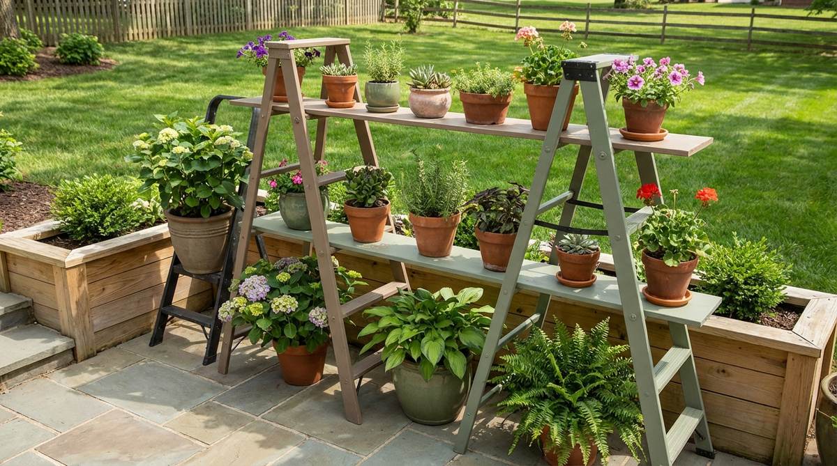 A tiered ladder shelf planter display in a terrace garden, featuring potted plants arranged at varying heights on repurposed wooden or metal ladders. The display shows plants organized by size with heavier specimens on lower rungs for stability, and sun-loving plants on upper shelves while shade-tolerant varieties occupy lower positions. The ladder is painted to coordinate with the terrace's color scheme, demonstrating a mobile and versatile gardening solution for seasonal rearrangements.