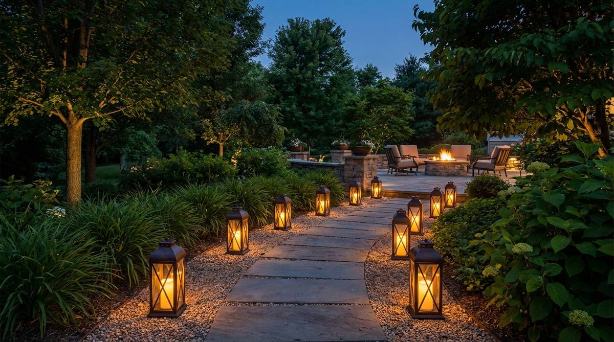 Uniform lanterns line a garden walkway, spaced every 4-5 feet to create safe, illuminated routes between party zones. Metal or glass lanterns with LED candles provide flickering warmth without fire hazards, maintaining consistent height and style for visual rhythm in outdoor decor.