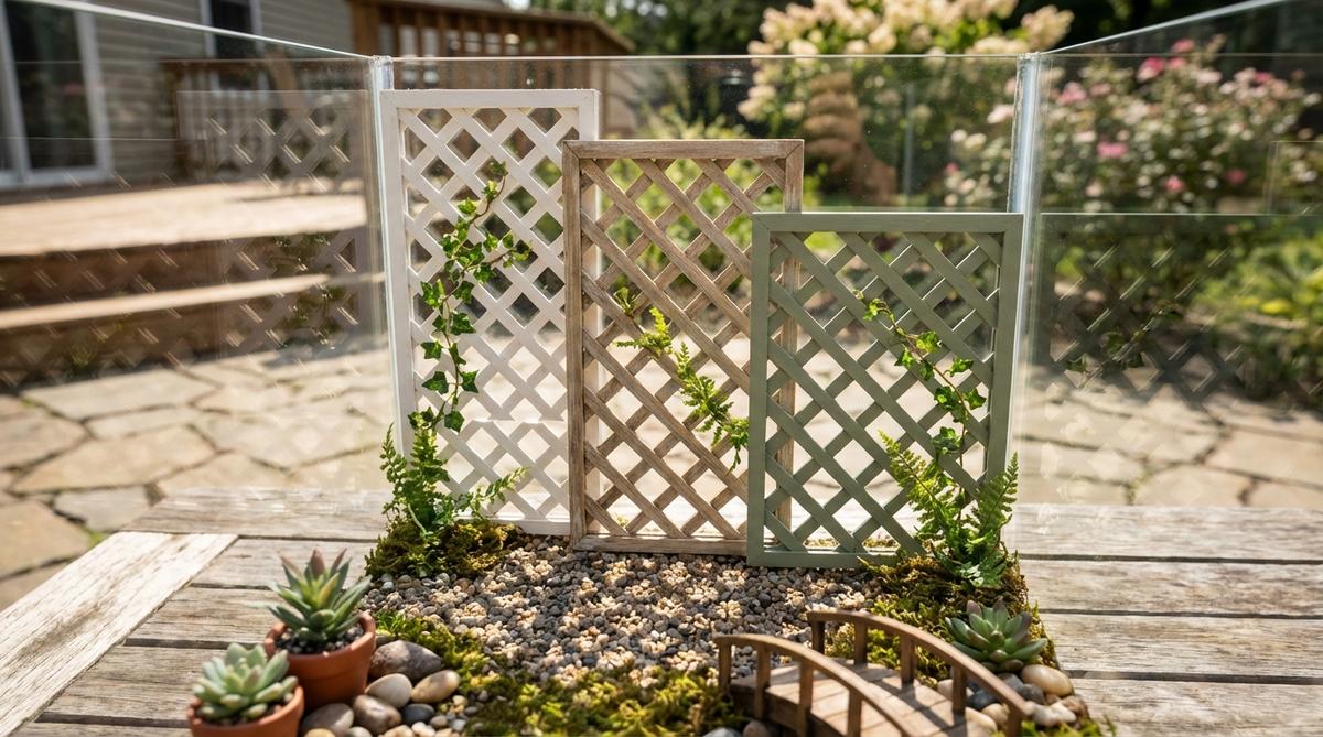 A close-up photo of lattice panel miniatures used as semi-transparent fencing in a terrarium or mini garden. The diagonal crisscross patterns create visual boundaries while maintaining connection between zones, with diamond or square grids in white, natural wood, or sage green. The panels are positioned against a glass wall, casting interesting shadows and providing attachment points for tiny climbing plants or moss, adding architectural depth to the scene.