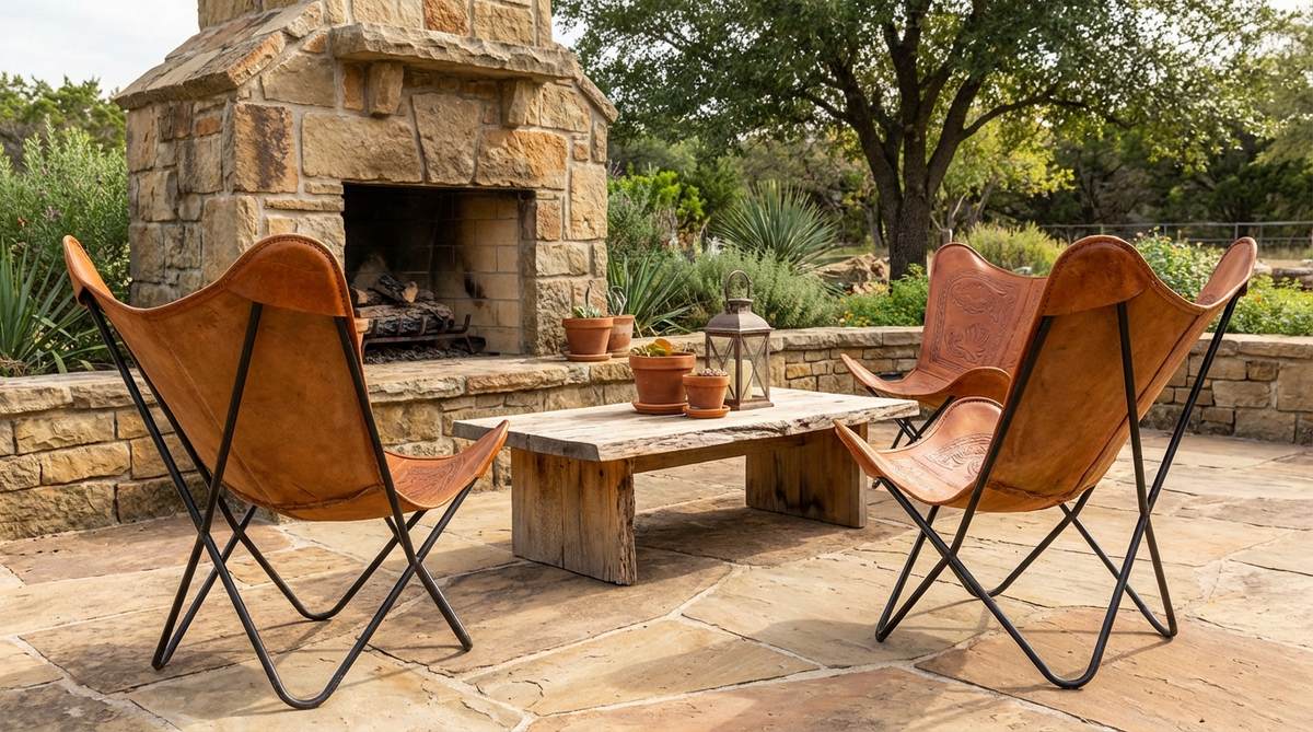 Vintage-inspired leather sling chairs with blackened iron frames, featuring tooled leather that develops a rich patina over time. Shown in saddle-tan or cognac tones, positioned flanking a stone fireplace or around a raw-edge coffee table to complement terracotta accents in western boho decor.