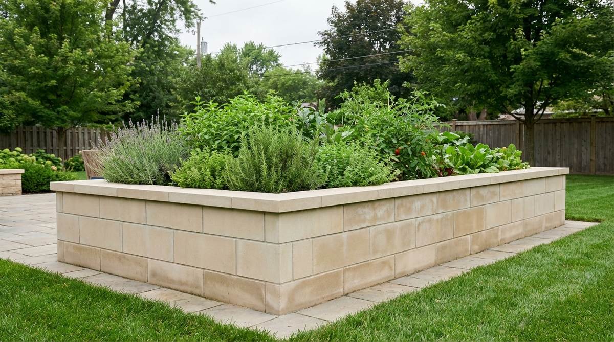 A raised bed garden constructed with cut limestone blocks, showcasing light coloring and smooth finishes that complement formal garden designs. The blocks are stacked in a running bond pattern with staggered joints, demonstrating uniform sizing for simplified construction and even weight distribution. The limestone's natural porosity allows subtle moisture exchange while maintaining structural integrity, and its light color reflects heat to keep root zones cooler in summer. The stone weathers gracefully, developing a soft patina over time.