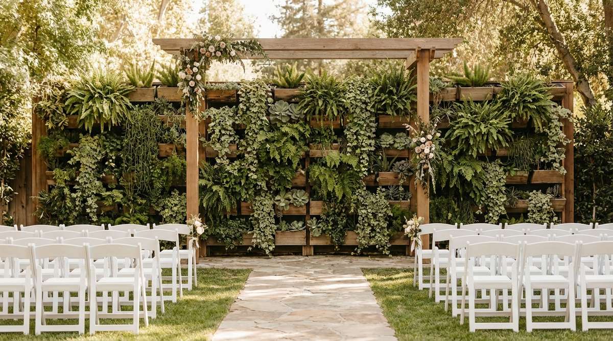 A lush vertical garden wall featuring ferns, ivy, and succulents arranged in modular planters for a wedding ceremony. This living tapestry with varied leaf shapes and textures brings garden essence to the event space while maintaining clear sightlines.