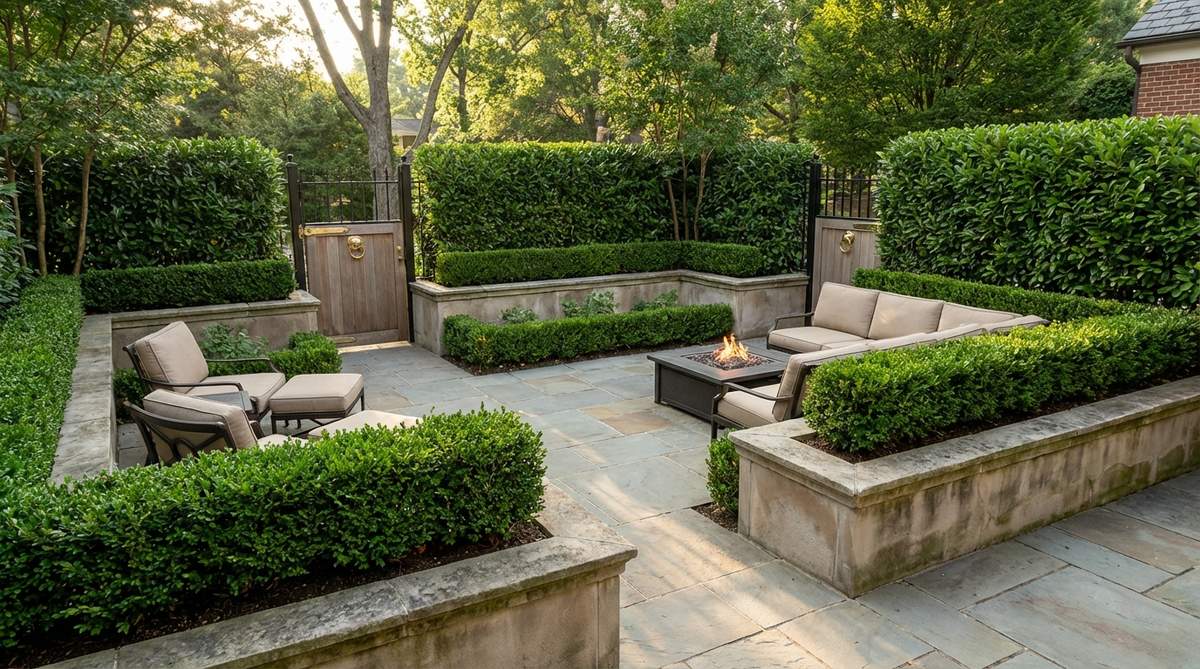 A small garden courtyard featuring evergreen hedge boundaries made of boxwood, privet, or laurel plants. The hedges are planted in raised planters along the perimeter, providing year-round privacy and noise absorption. The clean, trimmed lines of the hedges complement the architectural elements of the courtyard.