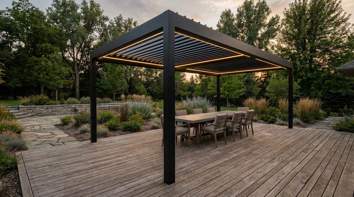 A modern outdoor deck featuring an adjustable louvered pergola with motorized climate control. The black metal framework creates contemporary contrast against natural wood decking, anchoring a dining zone with integrated LED lighting in the louvers for evening illumination.