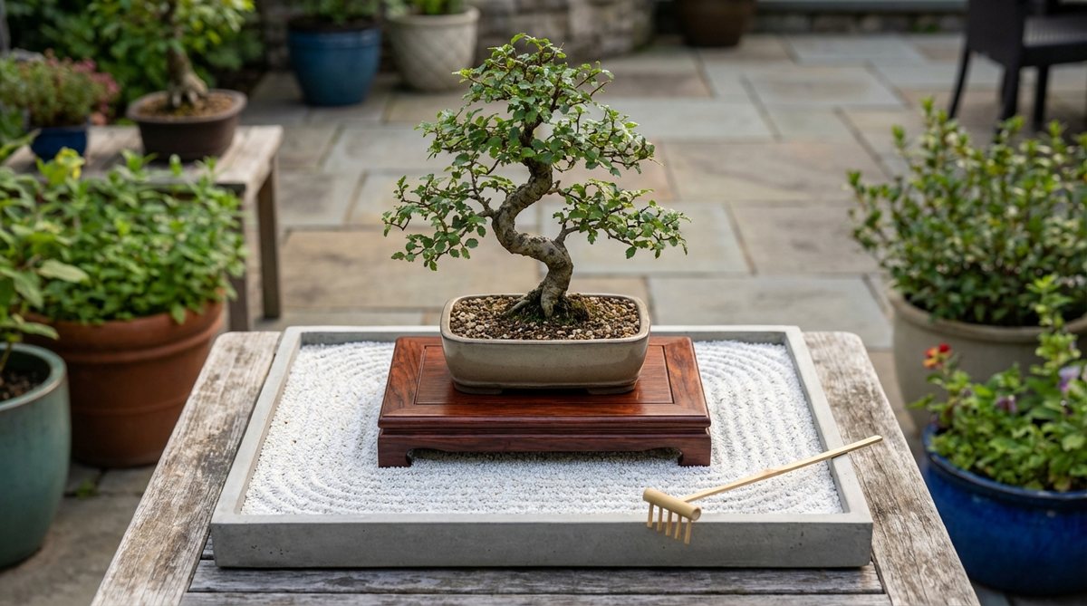 A Chinese Elm bonsai elevated on a 4-inch rosewood platform, surrounded by raked white gravel in a shallow tray. The gravel displays linear patterns radiating from the tree's base, mimicking water ripples, with a miniature bamboo rake nearby. This compact setup, ideal for small spaces like apartment entryways, serves as a mindfulness ritual and practical display for catching leaves and maintaining humidity.