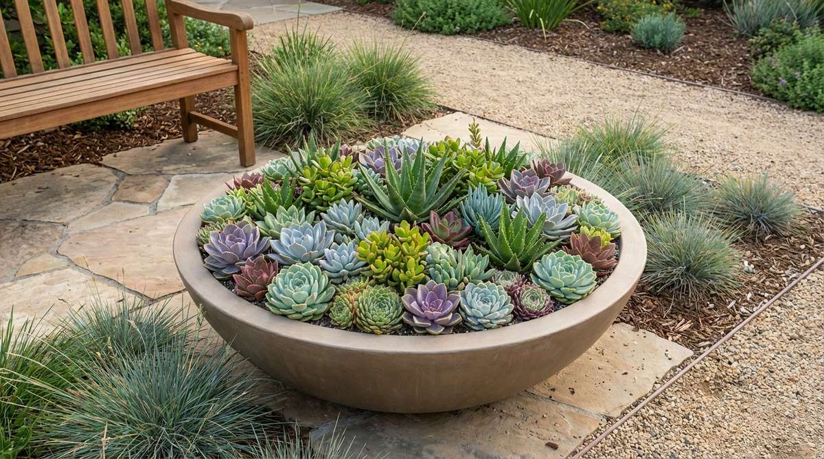 A wide, shallow concrete bowl measuring 30-36 inches across and 10-12 inches deep, featuring a low-profile design that highlights a radial arrangement of succulents with varied textures and colors. Perfect for entryways with limited overhead clearance.