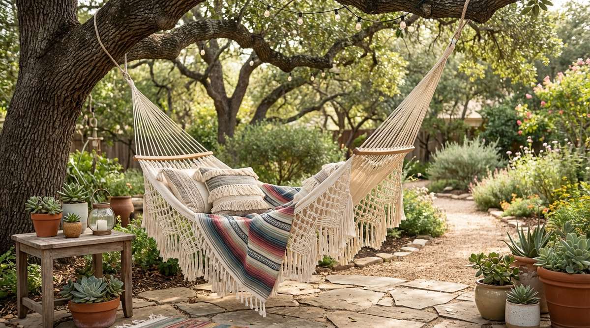 A hand-knotted macrame hammock swing with intricate rope patterns, suspended for relaxation in a vintage boho decor setting. Features cotton cord construction for breathable comfort, layered with a Mexican blanket and tasseled pillows to enhance coziness.