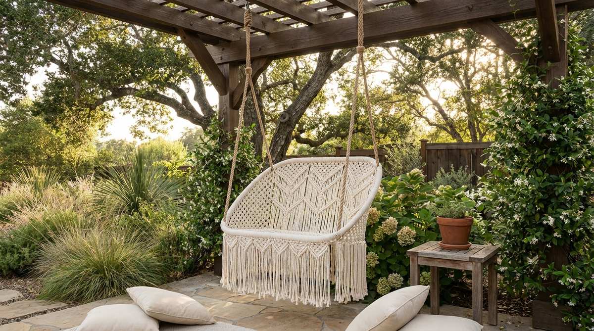 A handknotted macramé swing chair with intricate rope work and flowing fringe details, providing comfortable suspended seating in a boho garden. Made from outdoor-rated cotton or synthetic yarns to withstand humidity and sun exposure, it is hung at conversational height beneath a pergola or mature tree branches to create an intimate seating area.