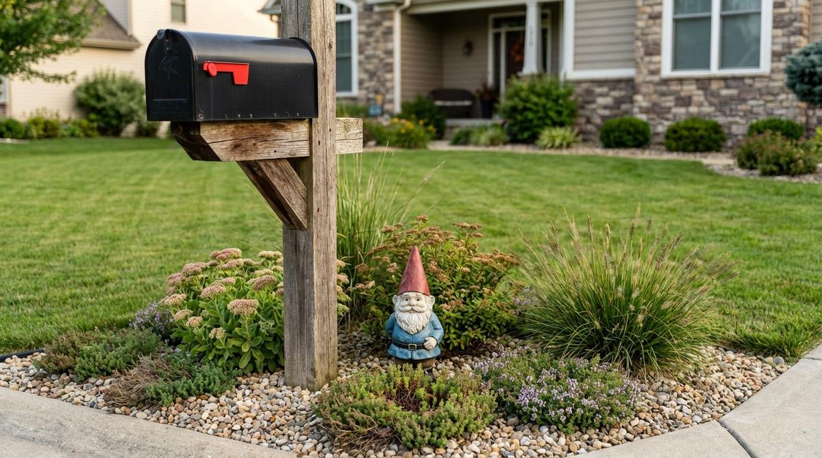 A mini garden gnome positioned by a mailbox, serving as a playful guardian over letters and deliveries. It is anchored in a small gravel or mulch pocket at the post base, surrounded by low perennials or drought-tolerant groundcovers, creating a micro-garden that softens the utilitarian element with texture and color. Made from fade-resistant resin or stone for durability in sunny areas.