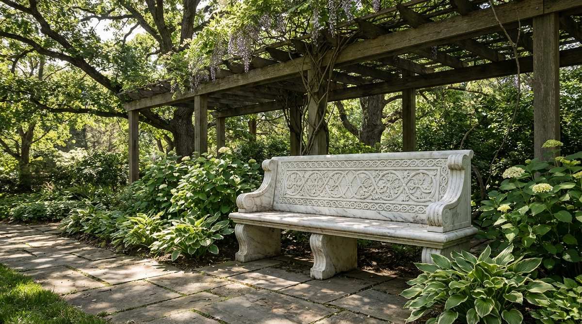 A carved marble garden bench featuring an ornamental backrest with relief patterns of geometric friezes or naturalistic vine motifs. The luminous white or veined marble creates a striking focal point in shaded garden alcoves, suitable for protected locations under pergolas or tree canopies.