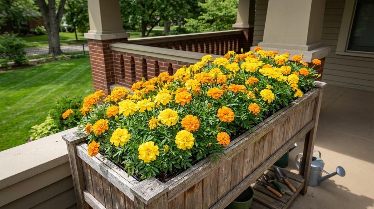 A vibrant display of marigolds with sunny yellow and orange blooms in a balcony container, showcasing their compact growth ideal for pots and natural pest-deterring properties for vegetable gardens.