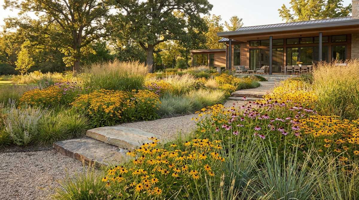 A contemporary garden featuring naturalized perennial meadows with Black-Eyed Susan, Coneflower, and native grasses, illustrating a low-maintenance alternative to traditional lawns that requires mowing only twice annually.