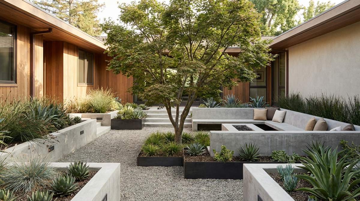 A serene minimalist courtyard garden featuring a gravel surface with geometric layout, bold planters, and a feature tree creating an inviting outdoor room for relaxation and low-maintenance enjoyment.