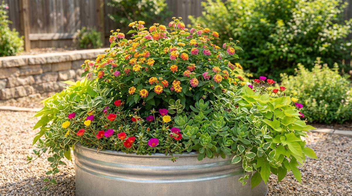 A vibrant mixed annual planting in a large oval galvanized tub featuring portulaca, vinca vine, sweet potato vine, lantana, and sedum arranged for optimal texture and color contrast. Sun-loving lantana positioned at the center with trailing vines cascading over the edges, creating a lush, low-maintenance container garden that tolerates heat and irregular watering.