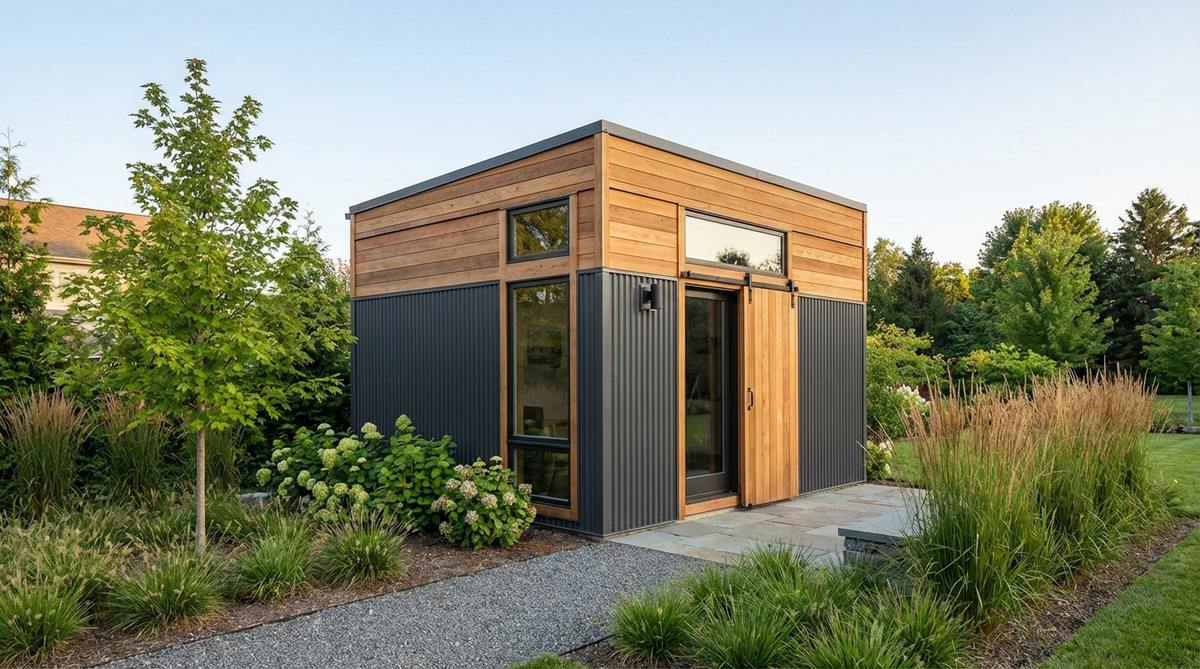 A contemporary garden shed featuring a mixed-material cube design with metal cladding on lower panels and cedar wood upper sections. The two-tone approach creates visual interest through material contrast, combining the durability of matte-finished corrugated metal with the warmth of wood framing around entryways and windows.