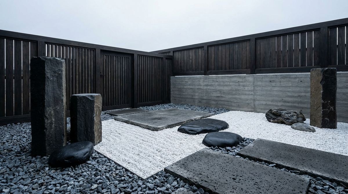 A modern Japanese rock garden featuring a strict monochrome palette of black, white, and gray tones. The design uses slate gray granite chips, charcoal basalt columns, and white quartz gravel to create textural contrasts and subtle depth. This minimalist approach eliminates visual distractions, directing attention to form, shadows, and the interplay of rough versus polished surfaces, enhancing the contemplative atmosphere.