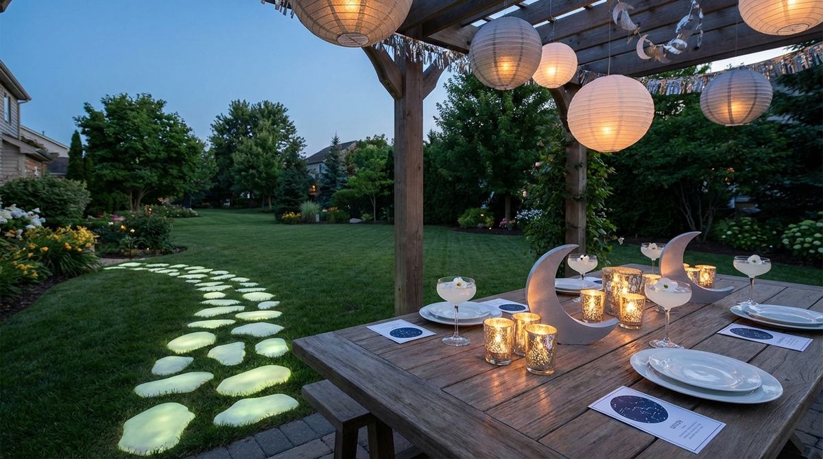 A celestial-themed mini garden party with silver and white decorations, featuring crescent moon cutouts, mercury glass votives, metallic garlands, and paper lanterns at staggered heights. Glow-in-the-dark pathway stones guide guests through the space, while white cocktails with edible flowers and constellation cards complete the sophisticated monochromatic atmosphere.