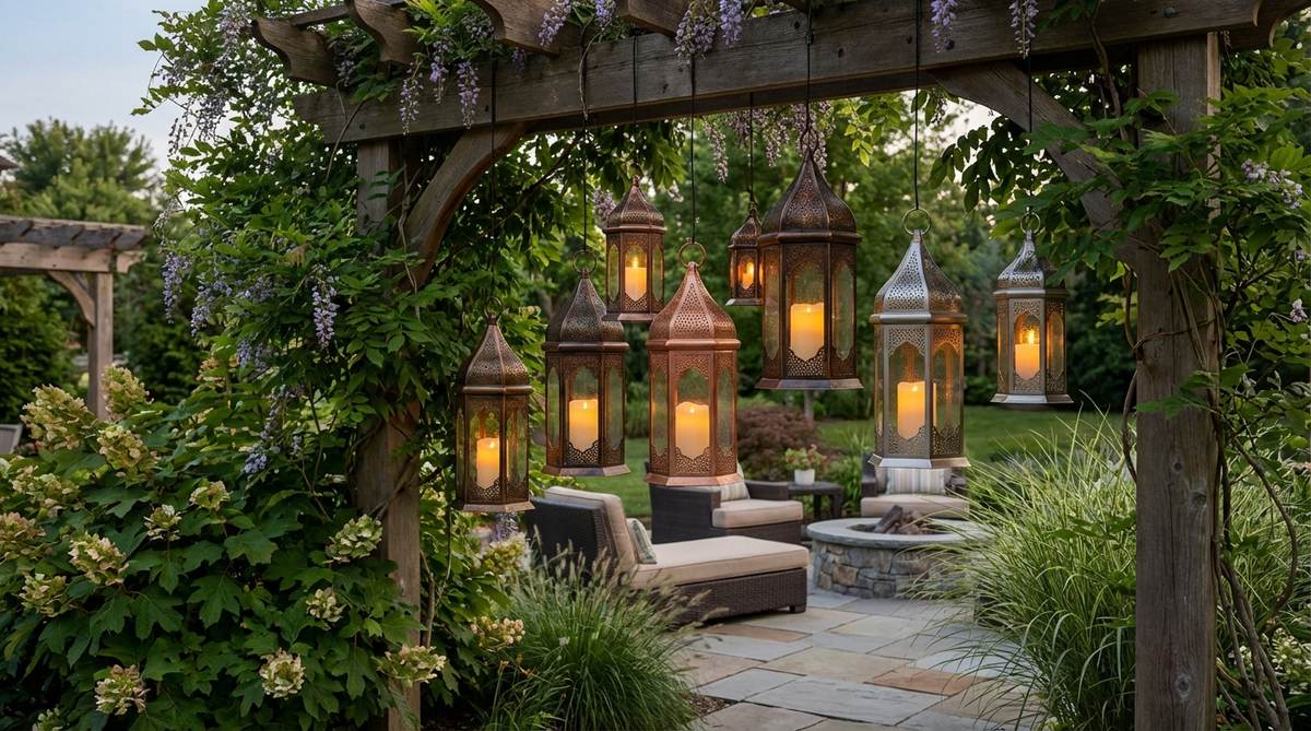 A cluster of Moroccan-style punched metal lanterns hung at staggered heights for garden decor, featuring bronze, copper, and brushed nickel finishes with LED candles for ambient lighting.