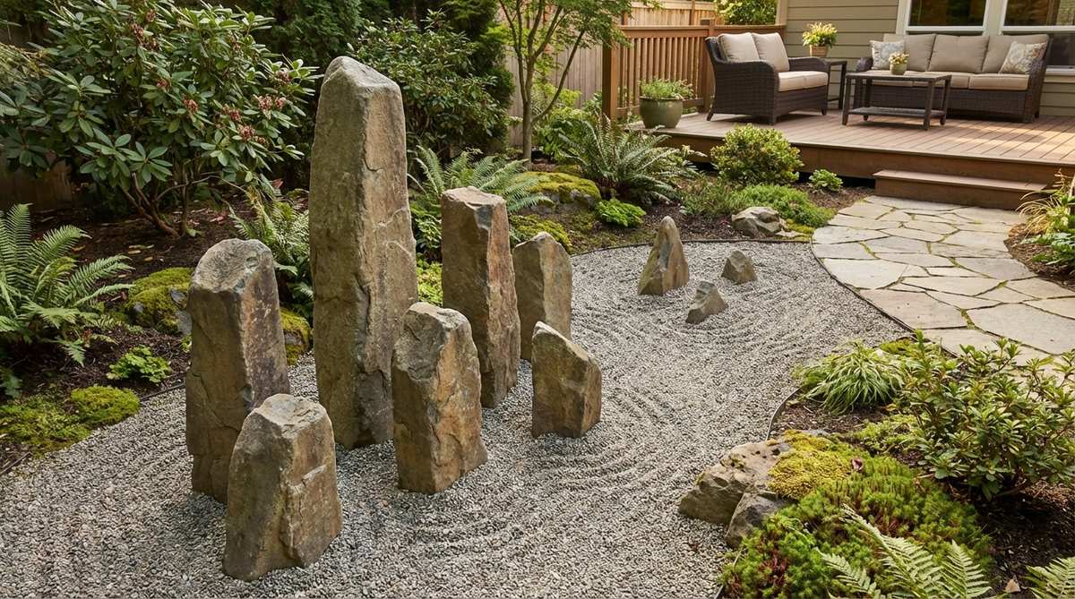A Japanese garden feature showing seven to nine upright stones arranged in odd-numbered groups to mimic distant mountain peaks viewed across water. The tallest stone is positioned off-center with progressively shorter stones flanking it asymmetrically, each buried one-third of its height to create stability and a natural geological appearance.