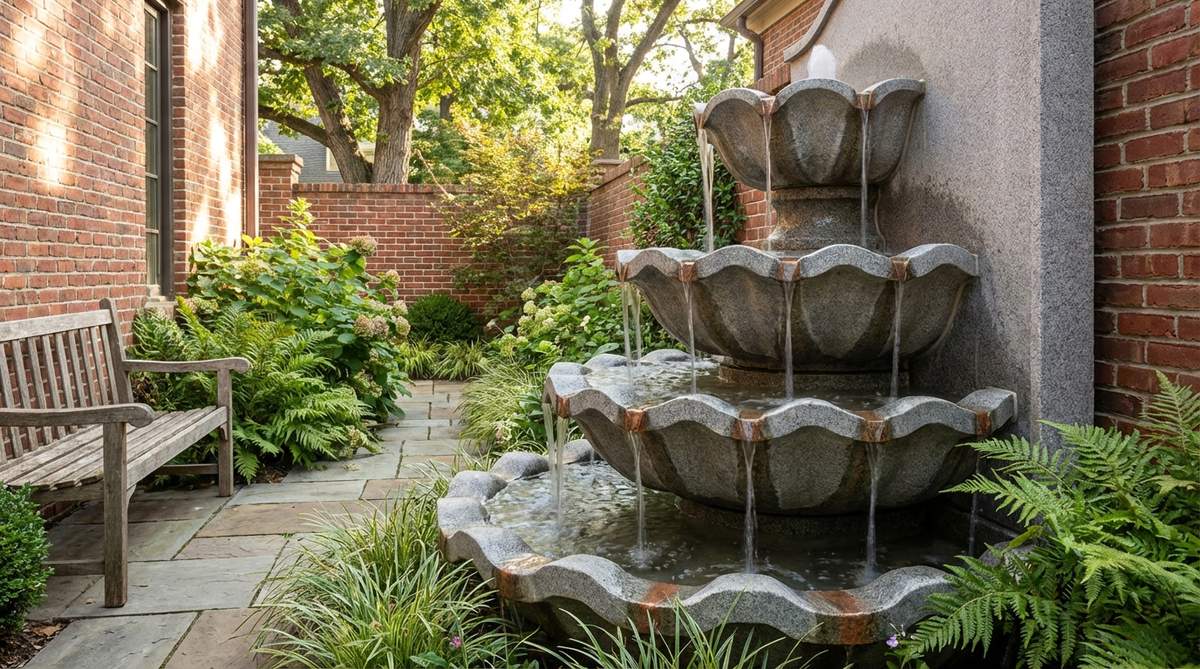 A contemporary garden fountain featuring multiple basins with scalloped edges creating layered water flow and rich auditory experiences. The vertical design with cascading water tiers is ideal for courtyards and narrow spaces.