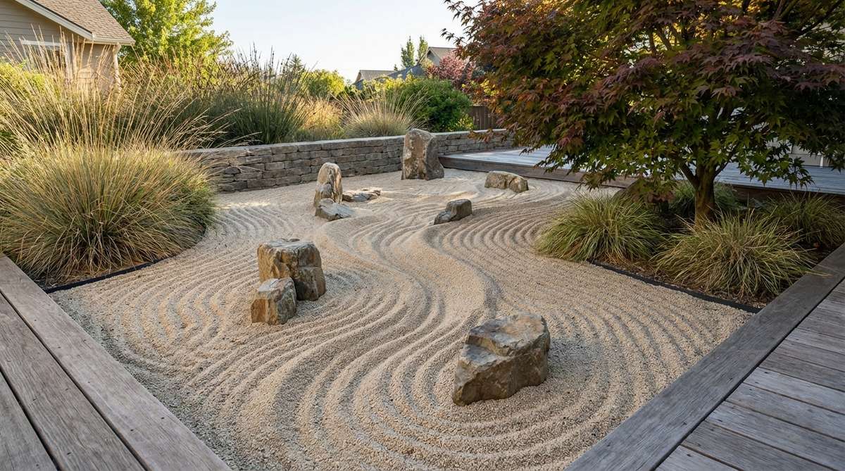 A zen garden sand pattern featuring meandering lines and subtle undulations that replicate the natural flow of streams through valleys. The design incorporates gentle curves creating directional movement without rigid structure, representing water flowing around rock placements in a traditional Japanese garden.