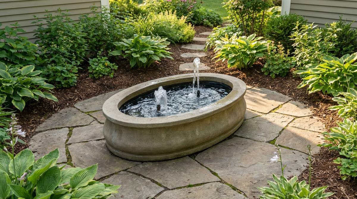 An oval garden fountain featuring twin water patterns with bubbling and streaming effects, made of cast stone with a compact 24-inch length, ideal for narrow spaces and small gardens.