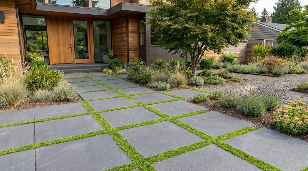 A contemporary front yard garden design featuring oversized concrete pavers arranged in a grid pattern with narrow grass joints. The large-format pavers in neutral charcoal or sandstone tones create a striking visual effect while allowing natural rainwater drainage. The grass grouting softens the hardscape and reduces maintenance compared to traditional lawns, with pavers positioned to guide visitors toward the entrance in a sustainable, organic layout.