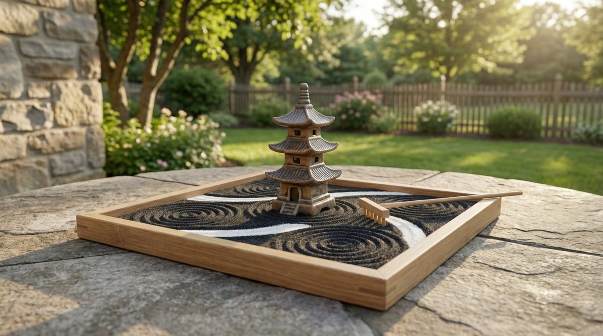 Three-tiered ceramic pagoda standing 4 inches tall as the focal point in an 8-inch square mini zen garden tray. Fine black sand with white raked pathways circles the structure, creating dimensional depth and visual contrast. The vertical pagoda draws eyes upward while spiral raking patterns simulate pilgrim pathways around the base.