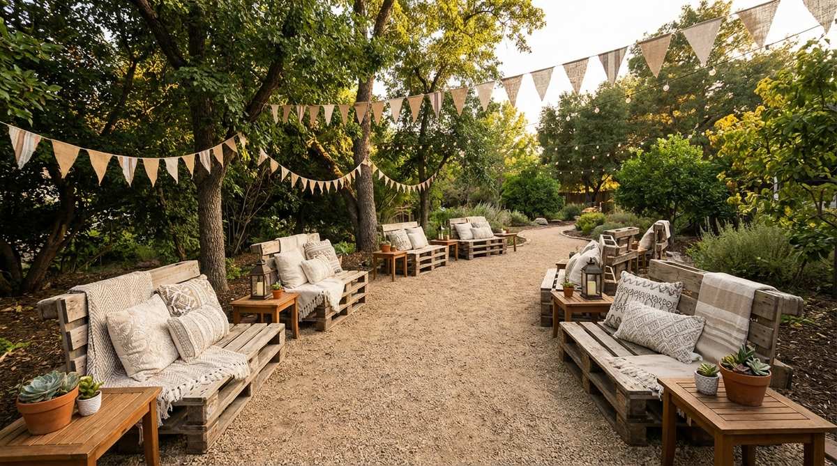 Rustic wooden pallet benches with cushions arranged along garden pathways for flexible seating at a bohemian birthday celebration, showcasing natural textures and sturdy construction.