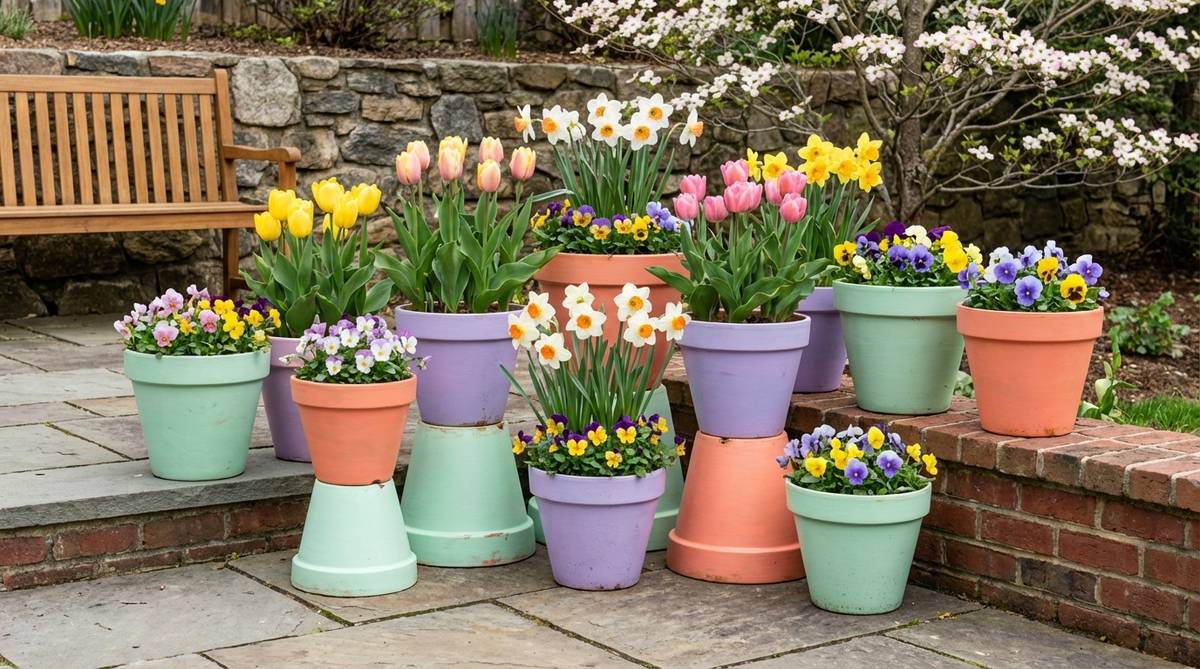 A vibrant arrangement of terracotta and ceramic planters painted in soft pastel colors including mint, lavender, and coral, clustered together in an odd-numbered grouping. The containers are filled with spring flowers like tulips, daffodils, and pansies that complement the painted finishes, with some planters elevated on inverted pots for height variation. This outdoor Easter decor setup demonstrates how to refresh existing hardscaping elements with weather-resistant paints for seasonal reuse.