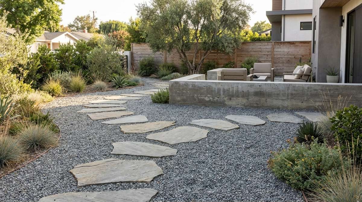 A minimalist garden design featuring gray pea gravel with flat stepping stones arranged in a rhythmic pattern. The gravel provides soft texture and excellent drainage, while the stones guide movement through the space.