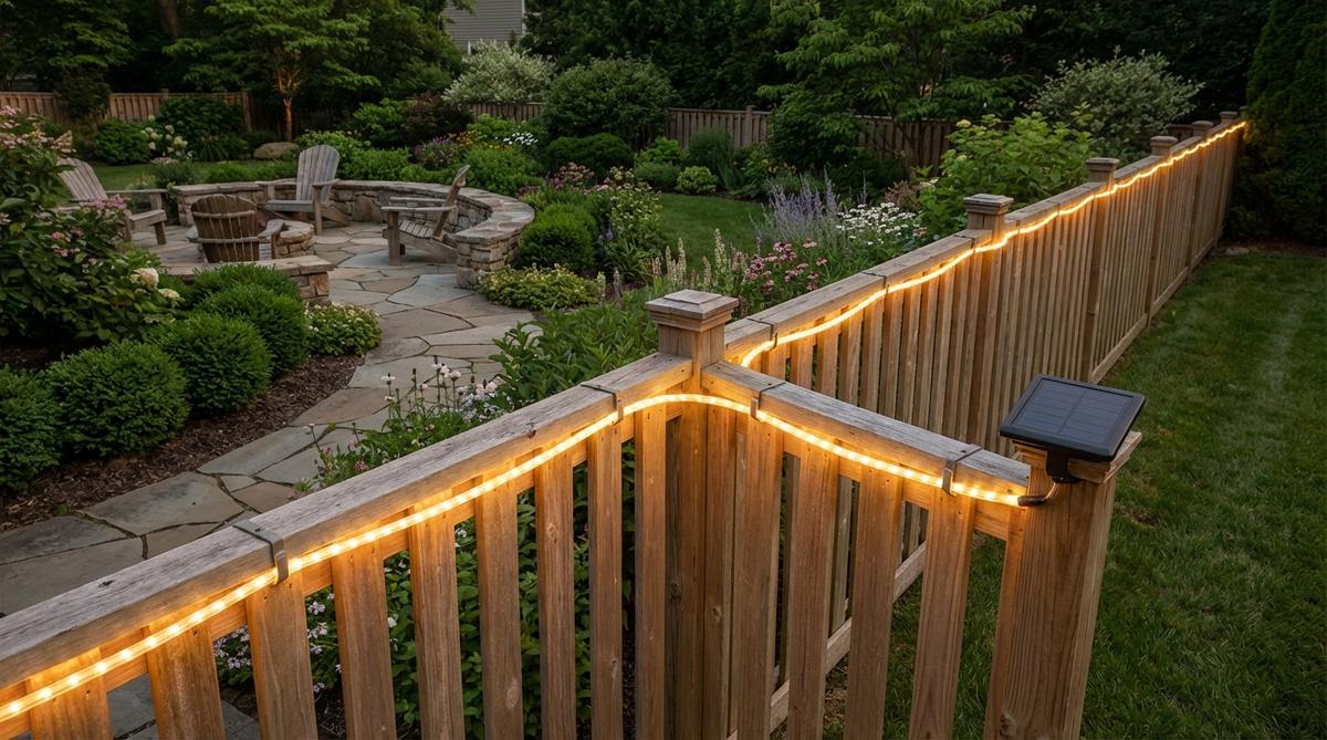 A garden fence with continuous rope lighting installed along the top rail, creating a glowing boundary that defines the property line while providing ambient security illumination. The LED lights frame the garden space, with visible installation clips and solar-powered components for easy setup without extension cords.