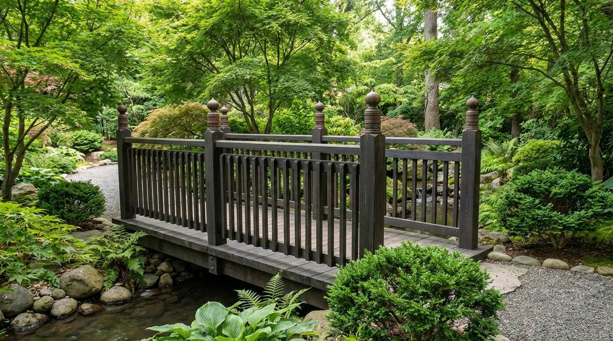 A pine bridge with vertical picket rails spaced 4 to 6 inches apart for safety and clear sightlines, featuring decorative finials on ornamental posts, stained dark brown or charcoal to contrast with green foliage in a zen garden setting.