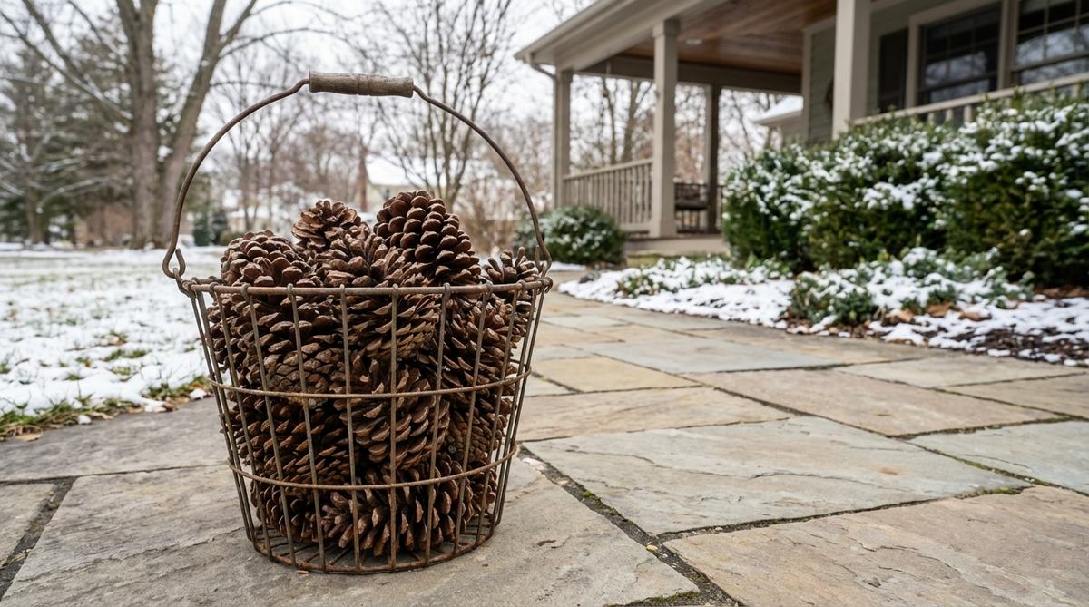 A vintage wire basket overflowing with large pinecones, such as from longleaf or sugar pine, placed on a porch or walkway to add natural texture and sculptural interest to winter landscapes in the US.