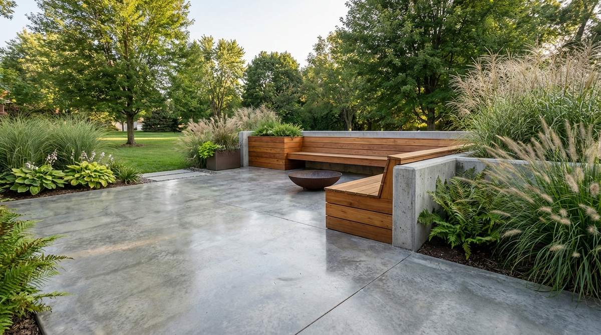 A polished concrete patio with smooth monolithic surface reflecting light, paired with warm wood accents and soft-textured foliage in a modern garden setting. Shows integral coloring and matte sealing for industrial-chic aesthetic.