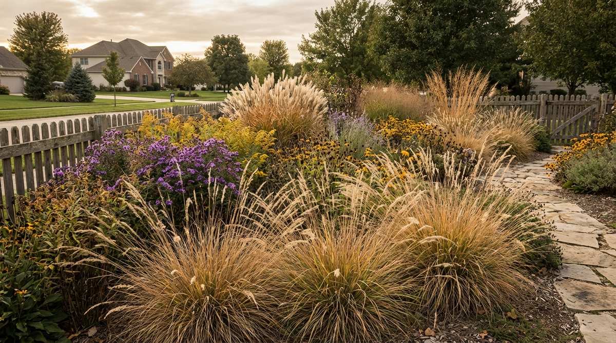 A garden border featuring ornamental grasses such as little bluestem and switchgrass, providing vertical structure and winter interest with persistent seed heads. This low-maintenance, drought-tolerant design pairs with late-blooming perennials for extended visual appeal in a prairie-inspired aesthetic.