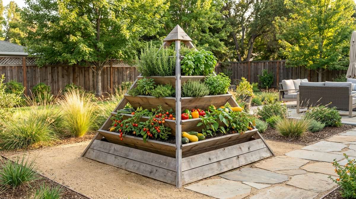 A modern pyramid tier planter with stacked containers forming ascending levels, featuring herbs on upper tiers and vegetables below, designed to maximize space and sunlight in a garden bed.