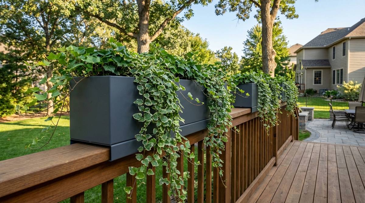 Elongated trough planters sitting on flat railing caps, creating a linear garden with trailing plants like ivy cascading downward. The raised position improves drainage and places plants at eye level, with cedar or powder-coated steel construction for weather resistance.