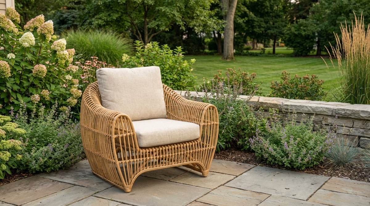 A sculptural rattan or wicker accent chair with a neutral cushion in cream, oatmeal, or soft gray, showcasing organic texture and modern boho decor style.