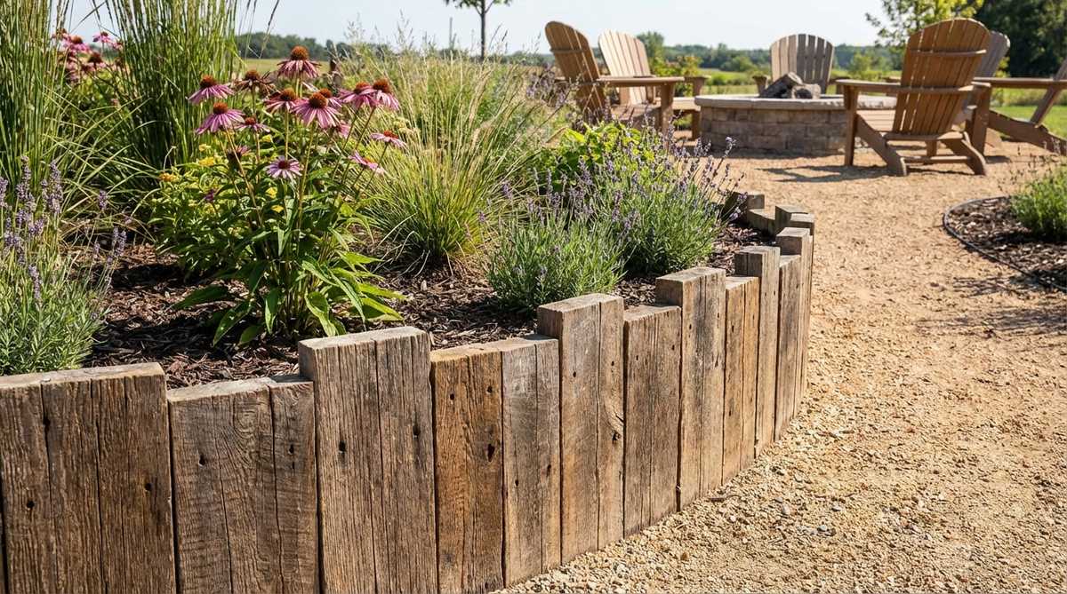 Vertical reclaimed barn wood planks used as garden bed edging, showing weathered surfaces with nail holes and natural grain patterns. The rustic wood creates defined borders for planting areas while adding historic character to garden decor.