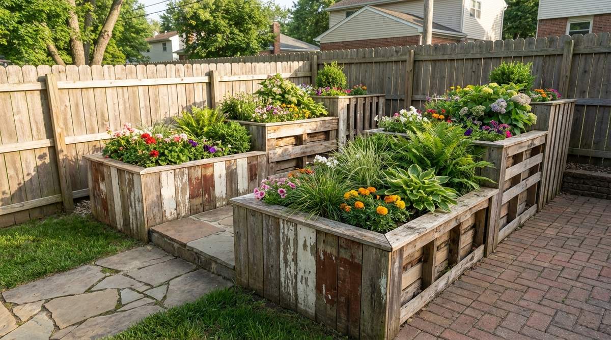 Elevated planter boxes made from salvaged fence boards and pallet wood, showcasing weathered surfaces that contrast with vibrant flowers and foliage in a tiered display that maximizes vertical garden space.