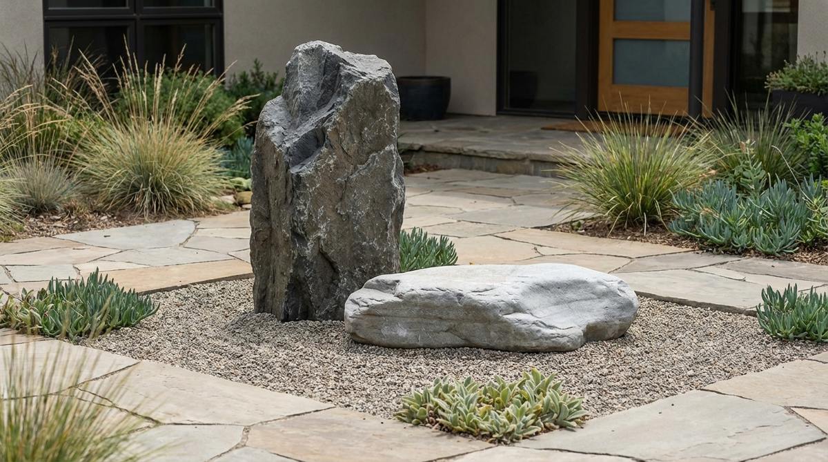 A minimalist Japanese stone garden arrangement featuring a tall vertical stone paired with a low horizontal rock, illustrating the balance of active and passive energy through contrasting forms. The upright stone represents strength while the reclining element suggests stability and rest, with generous negative space emphasizing their relationship in a small garden or entry area setting.