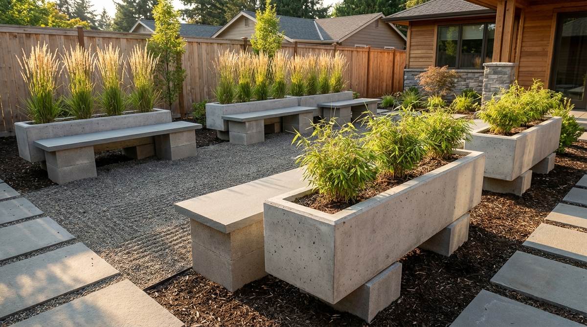A modern Zen garden featuring long concrete rectangular trough planters measuring 48 by 12 inches, placed along garden edges with architectural precision. The troughs are elevated on concrete block supports for improved drainage and layered elevations, topped with smooth capstones that serve as low seating. They are planted with linear arrangements of ornamental grasses or bamboo species to emphasize horizontal movement, enhancing the garden's minimalist and functional design in compact courtyards.