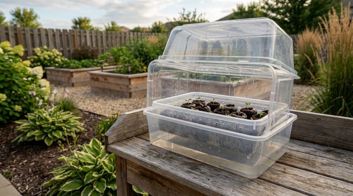 A DIY mini greenhouse made from clear repurposed containers like mushroom boxes or takeout containers, showing a perforated tray inside a solid base for bottom-watering, with a lid balanced on top to maintain humidity for seed germination.